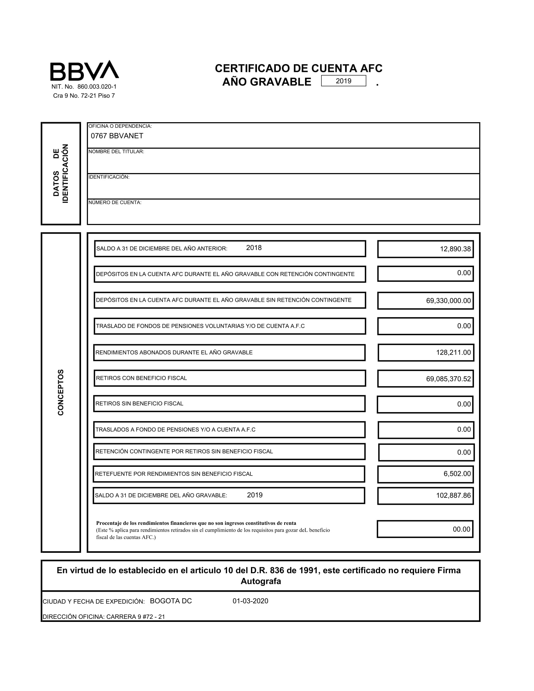 BBVA Certificado de cuentas AFC
